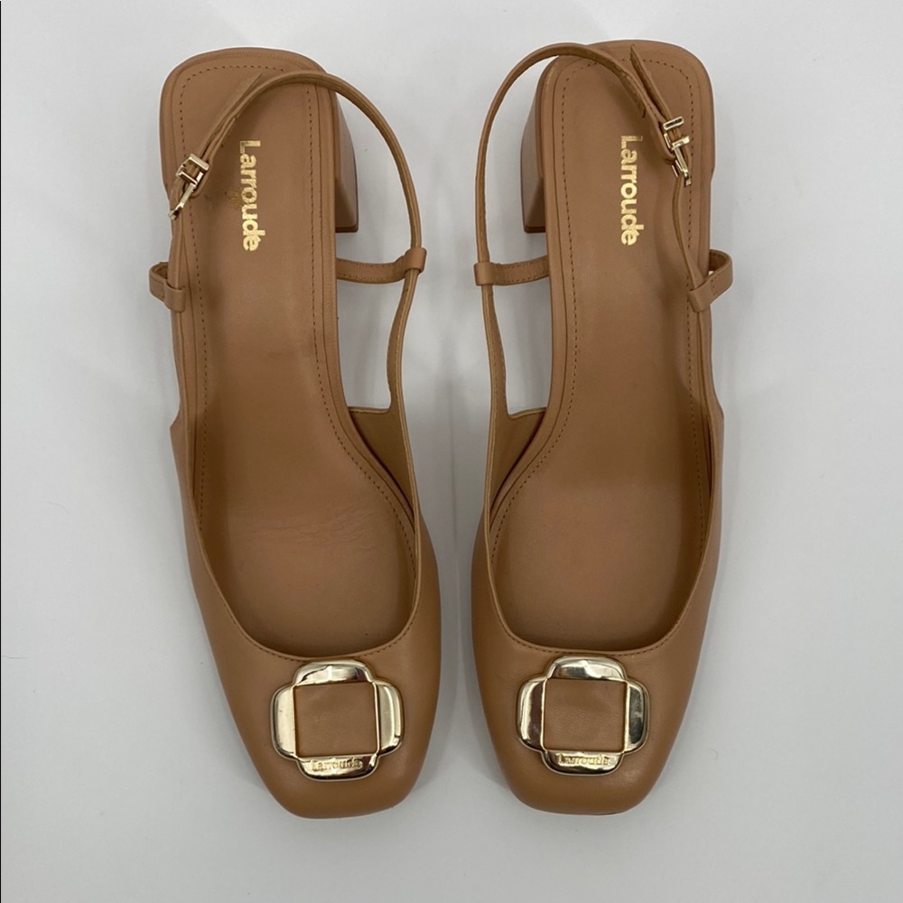 Larroude Tan Leather Slingback Heels with Gold Buckle
